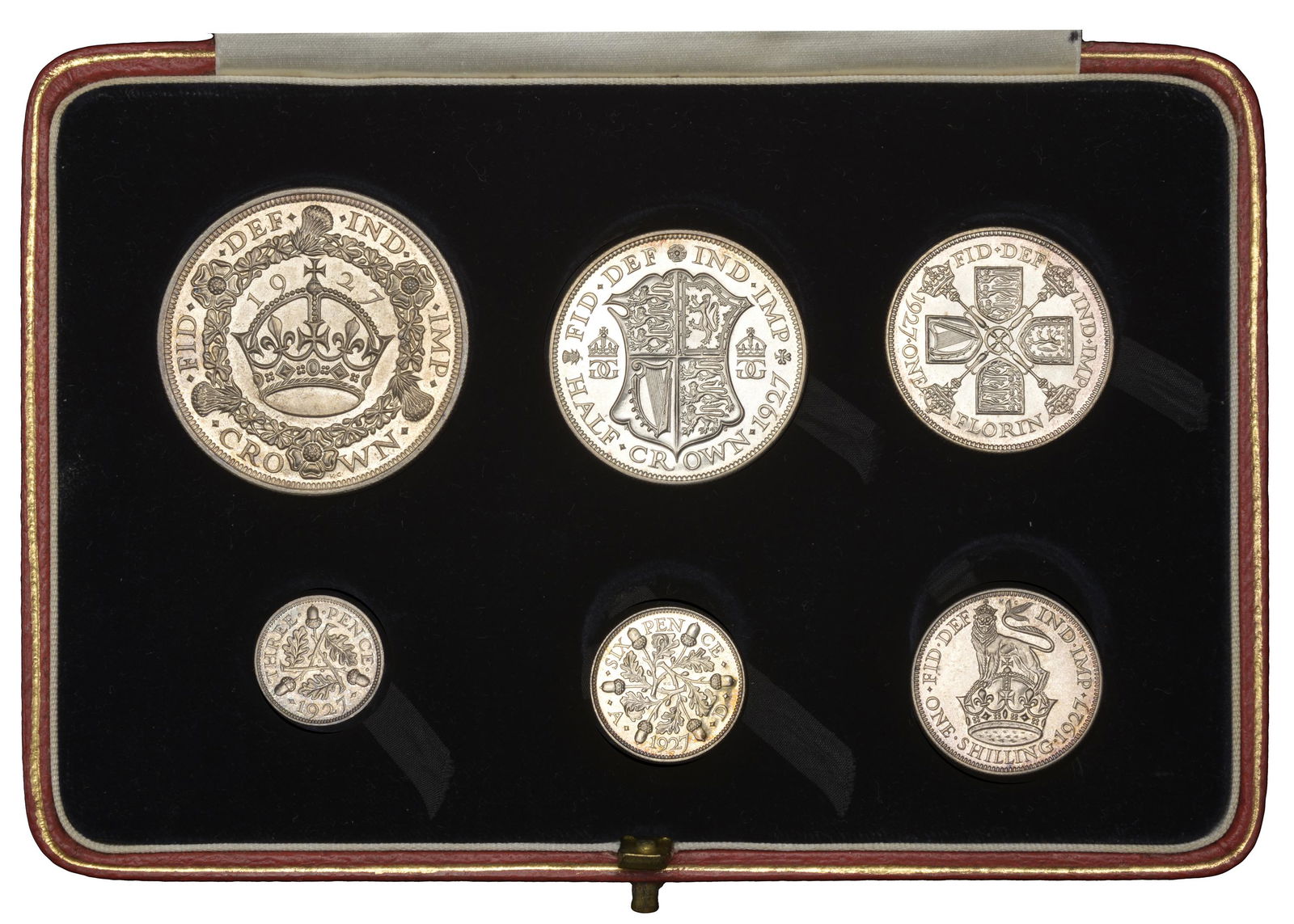 The David Marshall Collection of British Coins: George V (1910-1936), Proof set, 1927, comprising Crown to Threepence [6]. Lightly cleaned, otherwise good extremely fine; in case of issue£400-£500------For more information, additional i