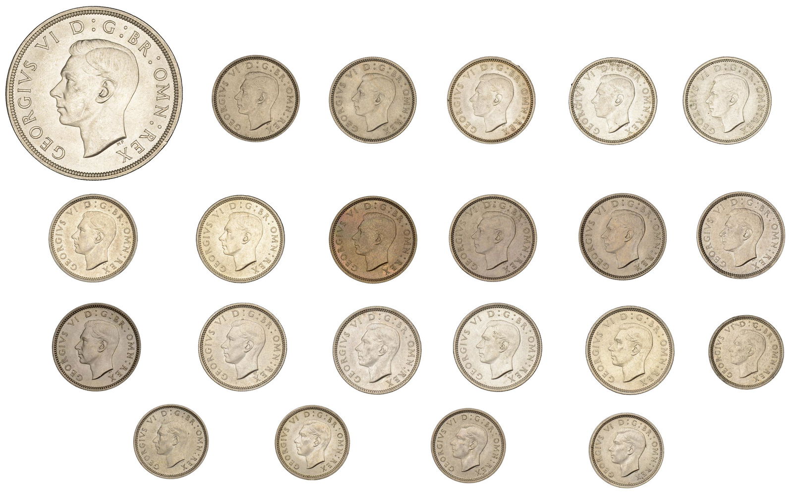 The David Marshall Collection of British Coins: George VI (1936-1952), Crown, 1937 (S 4078); Sixpences (16), 1937-52 inclusive (S 4084, 4105, 4110); silver Threepences (5), 1937-41 inclusive (S 4085) [22]. Extremely fine or better £100-£