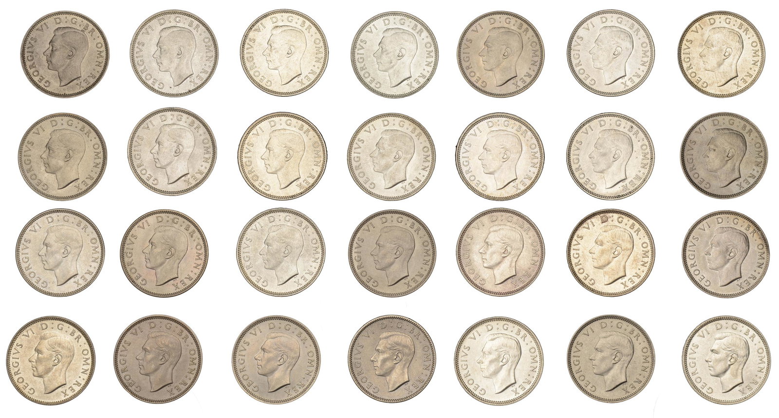 The David Marshall Collection of British Coins: George VI (1936-1952), Shillings (28), 1937-51 inclusive, English and Scottish, one of each type, except 1942 and 1946 Scottish (S 4082-3, 4103-4, 4108-9) [28]. Mostly virtually as struck £200-&