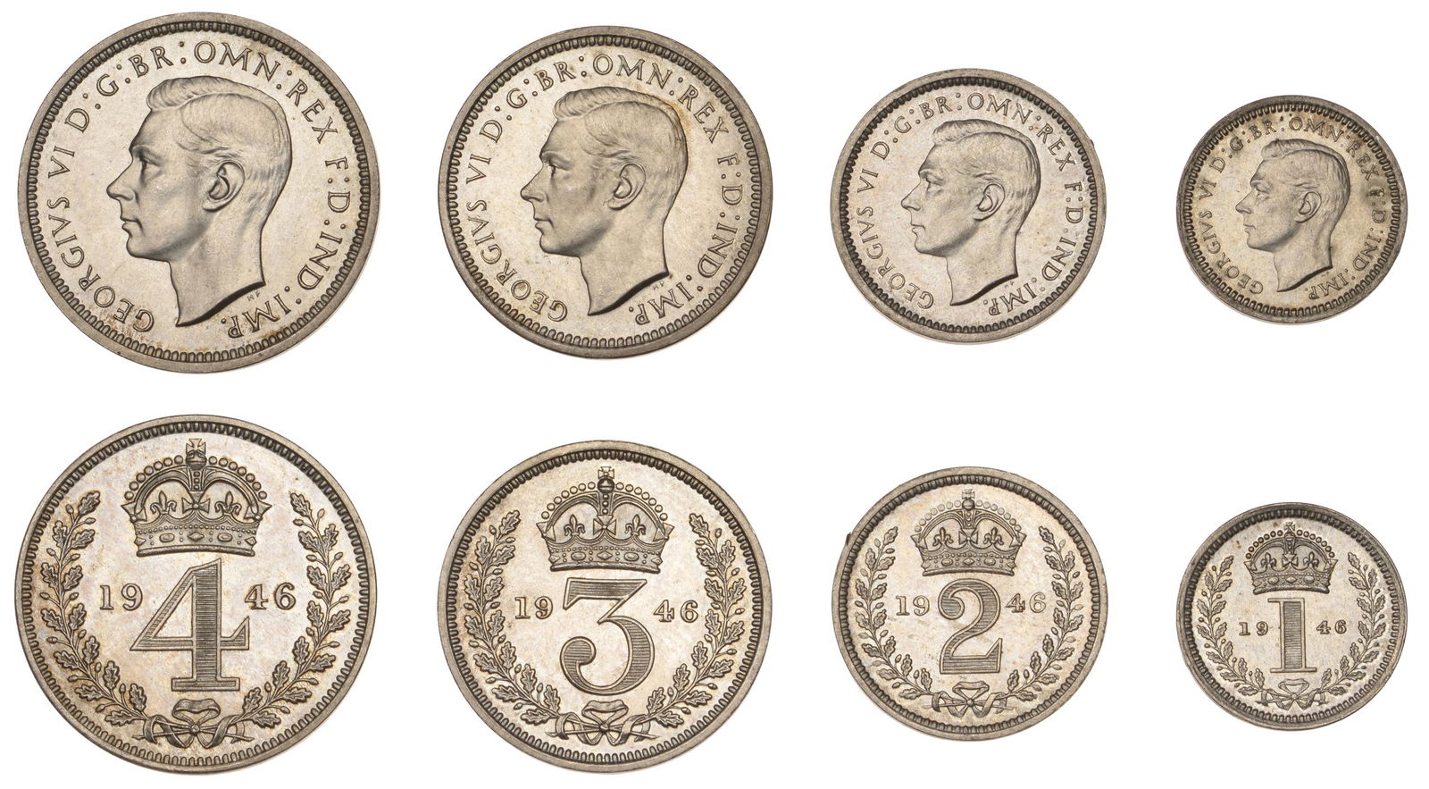 The David Marshall Collection of British Coins: George VI (1936-1952), Maundy set, 1946 (ESC 4315; S 4086) [4]. About as struck, rare £120-£150------For more information, additional images and to bid on this lot please go to the auction