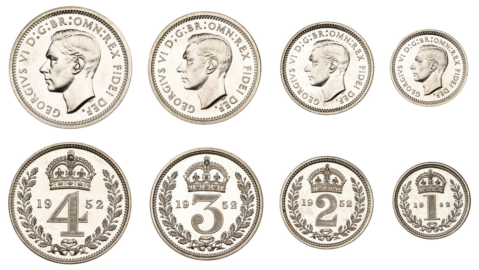 The David Marshall Collection of British Coins: George VI (1936-1952), Maundy set, 1952 (ESC 4322; S 4096) [4]. Brilliant, about as struck, rare £120-£150------For more information, additional images and to bid on this lot please go to
