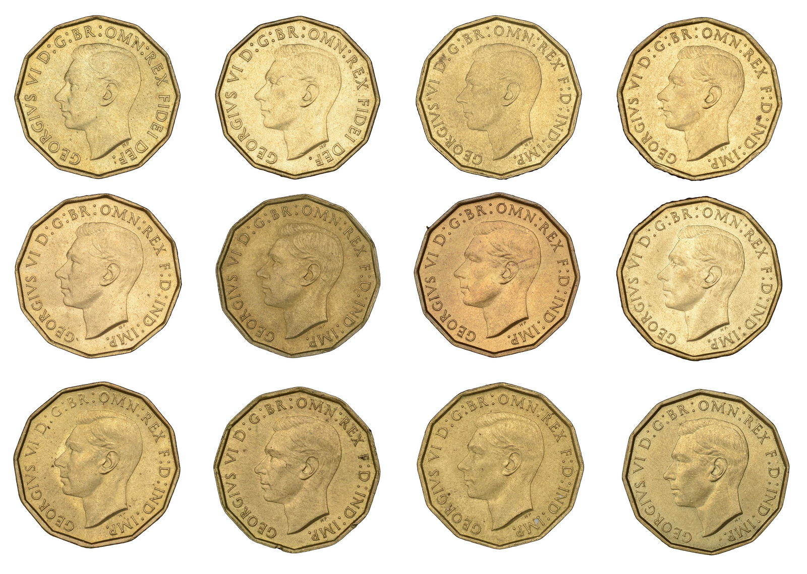 The David Marshall Collection of British Coins: George VI (1936-1952), Brass Threepences (12), 1937-45 inclusive, 1948, 1950, 1952 (BMC 2370, 2372, 2374, 2376, 2378, 2380, 2382, 2384, 2386, 2390, 2394, 2398; S 4112-13) [12]. Extremely fine or bette