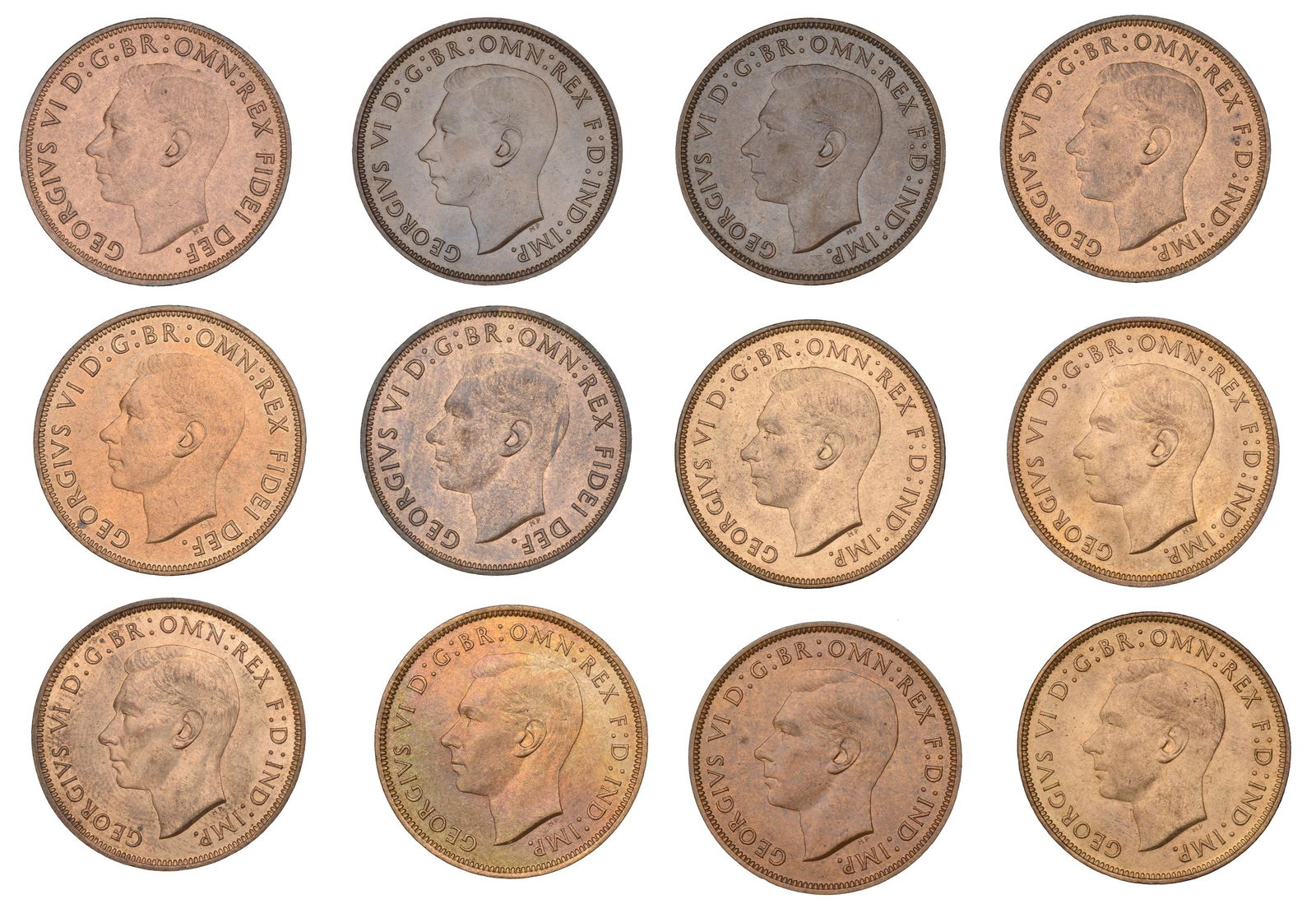 The David Marshall Collection of British Coins: George VI (1936-1952), Pennies (12), 1937-40, 1944-51 inclusive (F 217, 222, 224, 227, 229, 231, 233, 235, 236, 238, 240, 242; S 4114, 4117) [12]. Extremely fine or better £80-£100------Fo
