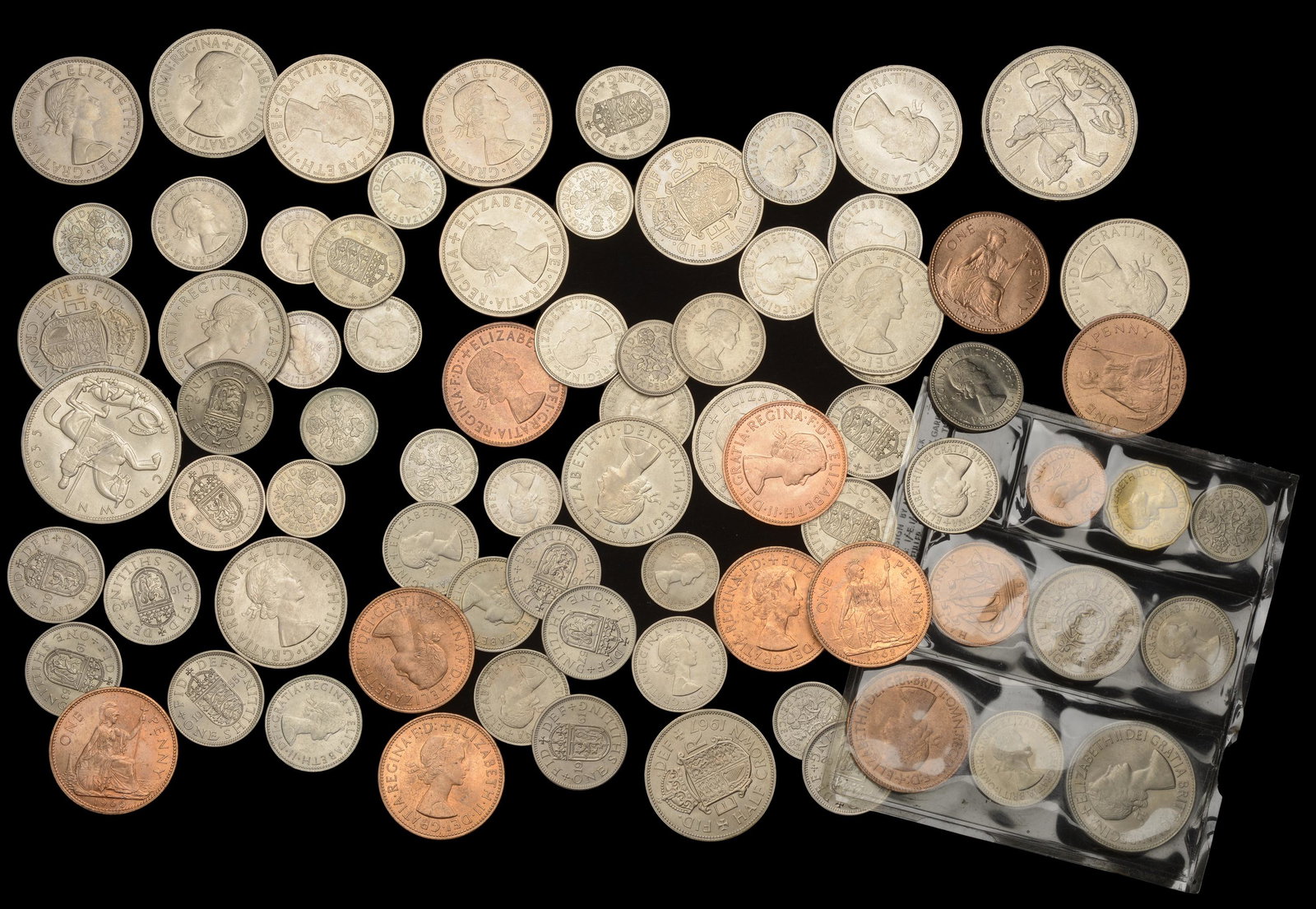 The David Marshall Collection of British Coins: Elizabeth II (1952- ), Halfcrowns (15), 1953-67 inclusive (S 4137, 4145); Shillings (29), 1953-66 inclusive, English rev., 1953-65, 1966 (2), Scottish rev. (S 4139-40, 4147-8); Sixpences (13), 1953-6