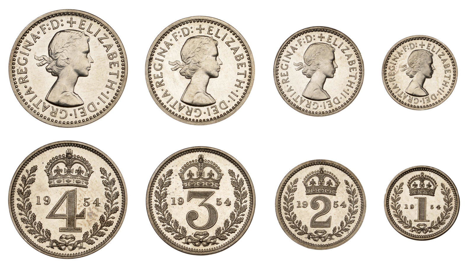 The David Marshall Collection of British Coins: Elizabeth II (1952- ), Maundy set, 1954 (ESC 4563; S 4131) [4]. About as struck £150-£200------For more information, additional images and to bid on this lot please go to the auctioneers w