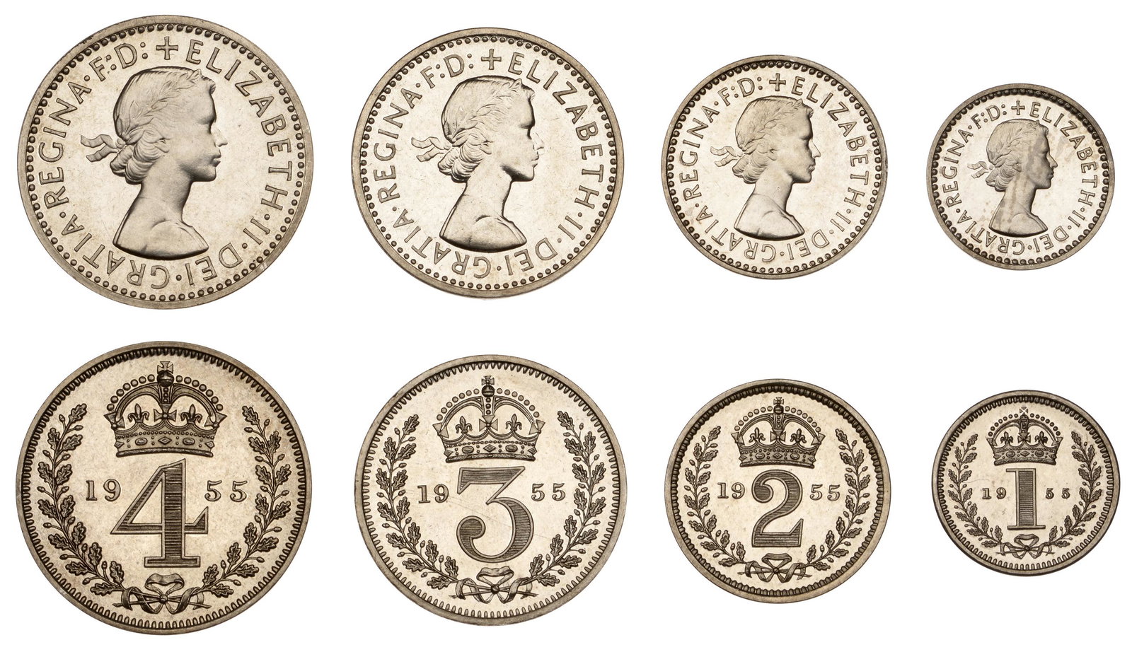 The David Marshall Collection of British Coins: Elizabeth II (1952- ), Maundy set, 1955 (ESC 4564; S 4131) [4]. About as struck £150-£200------For more information, additional images and to bid on this lot please go to the auctioneers w