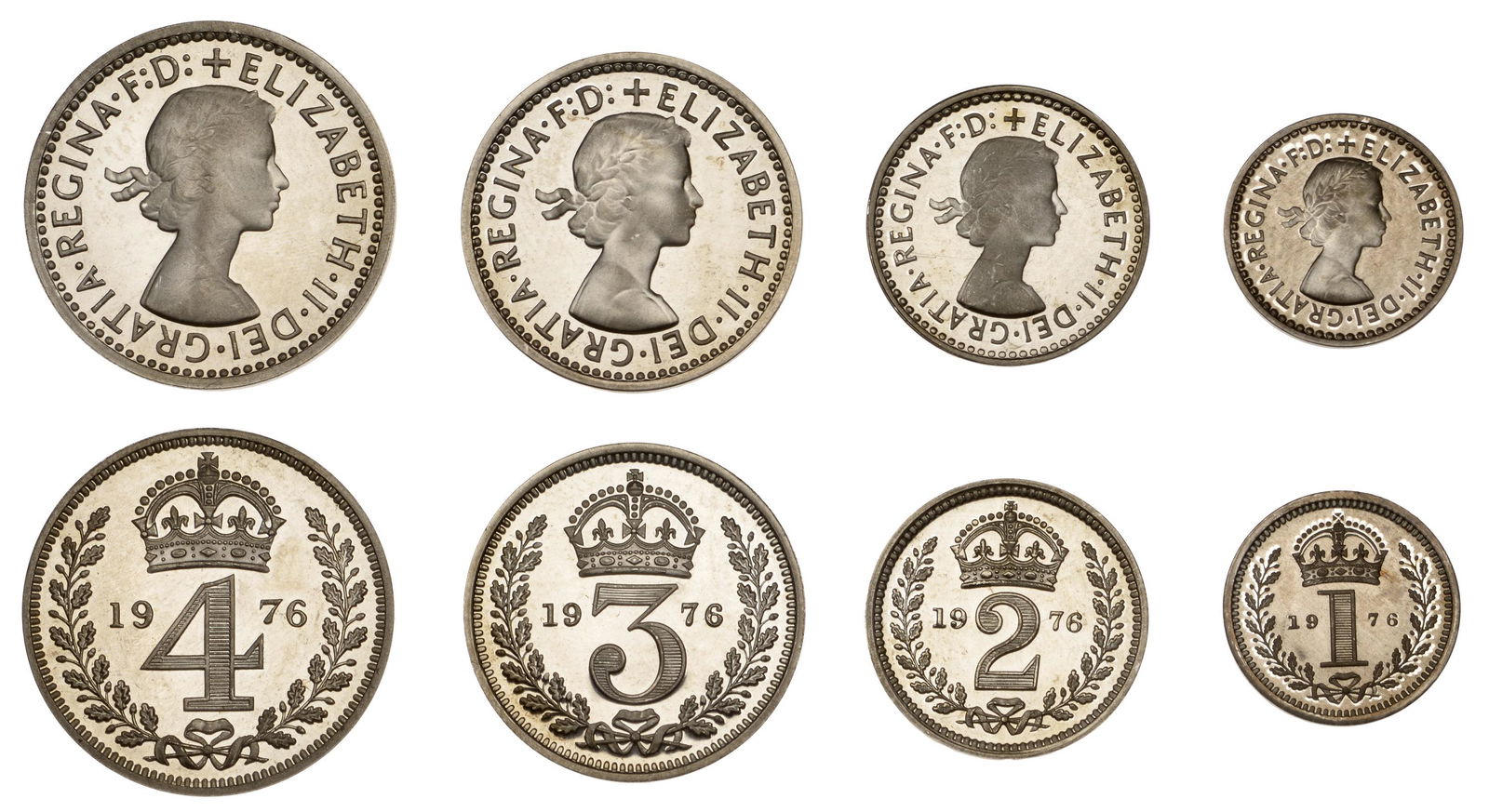 The David Marshall Collection of British Coins: Elizabeth II (1952- ), Maundy set, 1976 (S 4211) [4]. About as struck, proof-like £120-£150------For more information, additional images and to bid on this lot please go to the auctioneers