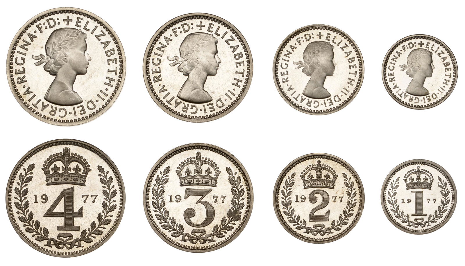 The David Marshall Collection of British Coins: Elizabeth II (1952- ), Maundy set, 1977 (S 4211) [4]. About as struck, proof-like £120-£150------For more information, additional images and to bid on this lot please go to the auctioneers