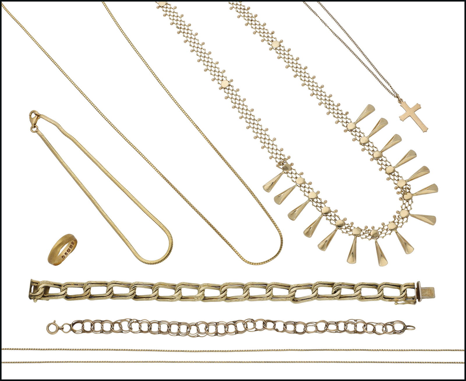 Jewellery: A small collection of jewellery, comprising a Victorian 22ct gold wedding band (split), two open double-link chain bracelets, one with control marks for 14ct gold, two box-link necklace chains, one wi