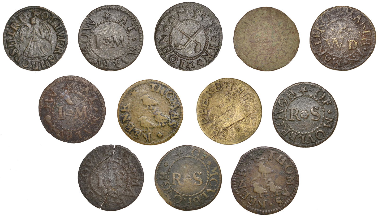 The Collection of Wiltshire Coins, Tokens and: 17th Century Tokens, Marlborough, Thomas Keene, Farthings, 1652 (2), 1.60g/6h (N 5515; BW. 136), 1.38g/6h (N 5516; BW. 136); John Morgan, Farthings (2), 1656, 1.19g/12h (N 5517; BW. 137), 1657, 0.87g/