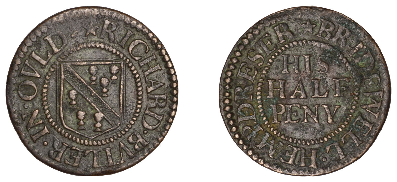 The Collection of 17th Century Tokens formed by the: London (City), Bridewell [Fleet Street], Richard Butler, Halfpenny, 2.08g/12h (D 421A, recorded from this specimen). Light surface deposit on reverse, otherwise about very fine, extremely rare £