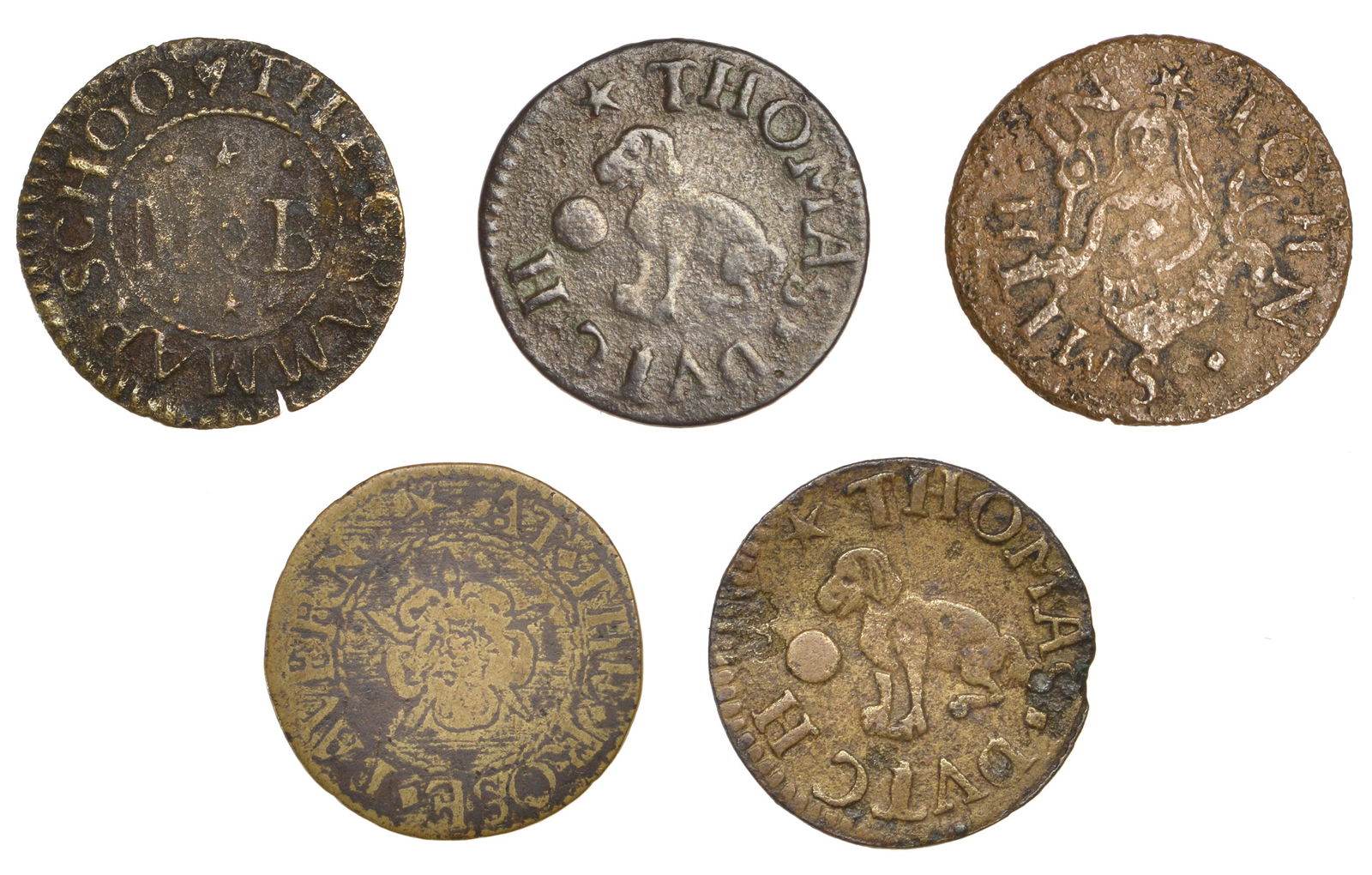 The Collection of 17th Century Tokens formed by the: London (City), Fetter Lane, Thomas Dutch, Farthings (2), 1.21g/12h, 0.90g/12h (both N 6915; BW. 1007), John Smith, Farthing, 1654, 1.04g/6h (N 6923; BW. 1022); Fleet Bridge, W[illiam] B[ellamy], Farth