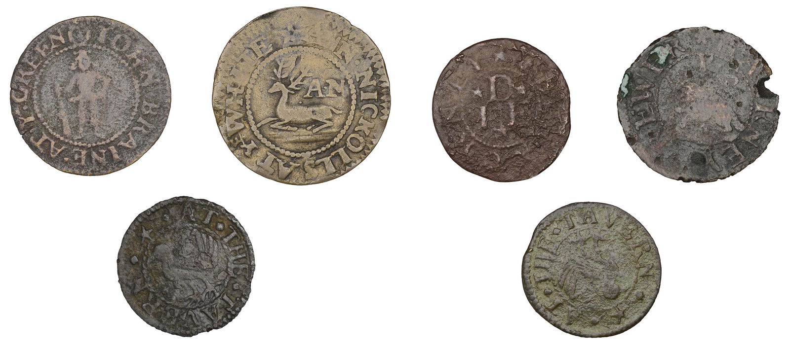 The Collection of 17th Century Tokens formed by the: Middlesex (Rural), Hackney, T.A.B. at the tavern, Farthings (2), 1.04g/6h, 0.92g/6h (both N 9142; BW. 55); John Braine, Halfpenny, 1667, 0.95g/3h (N 9139; BW. 56); John Davis, Farthing, 1667, 0.95g/12