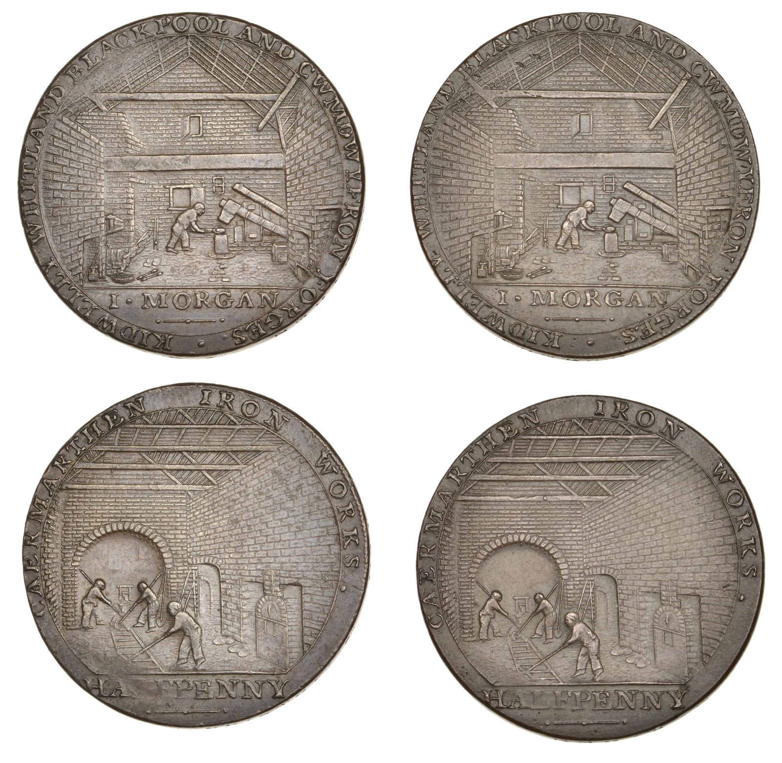 British Tokens from the Collection of the late Bill: 18th Century Tokens, CARMARTHENSHIRE, Carmarthen, John Morgan, Halfpence (2), interior of ironworks, no brickwork, revs. interior of forge, edges payable in london bristol & carmarthen, 13.38g/6h, 13.