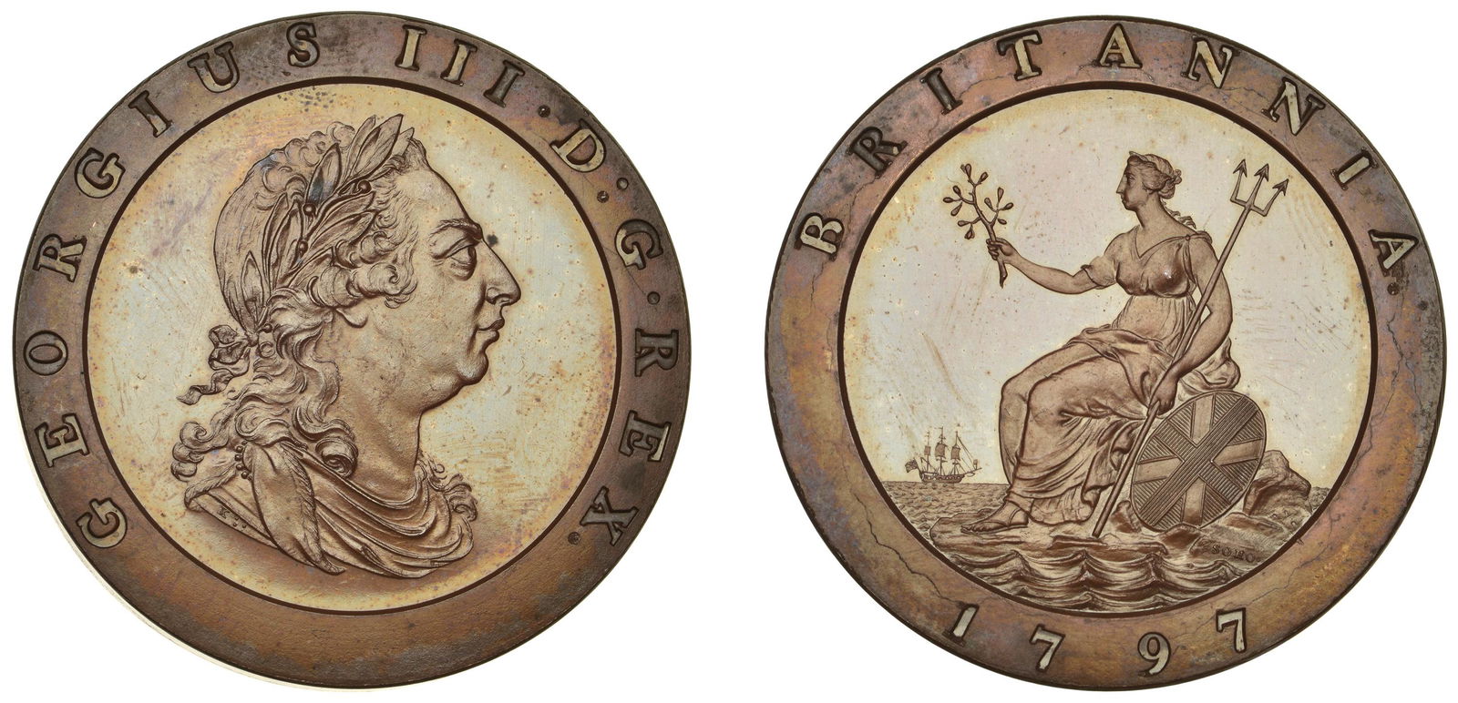 British Coins from the Collection of Ian Sawden: George III (1760-1820), Pre-1816 issues, Proof Twopence, 1797 (late Soho), in bronzed-copper, edge plain, 4mm flan thickness, 46.15g/12h (BMC 1076 [KT 3]; Selig â€“; S 3776). Tiny carbon spot by
