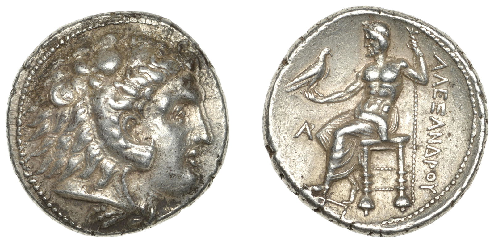 Ancient Coins from Various Properties: Greek Coinages, KINGS OF MACEDON, Alexander the Great, posthumous Tetradrachm, Byblos, c. 330-320, head of Herakles right wearing lion-skin, rev. Zeus seated left, holding eagle and sceptre, ar monogr
