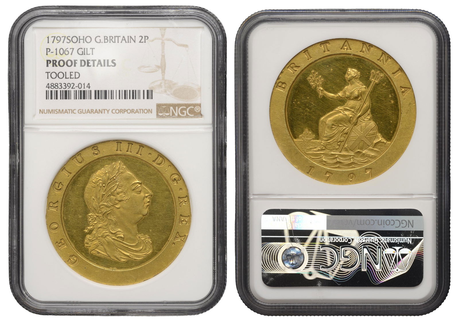 British Coins from Various Properties: George III (1760-1820), Pre-1816 issues, Proof Twopence, 1797 (late Soho), in gilt-copper, edge plain, 6h (BMC 1067 [KT 2]; Selig 1262; S 3776). Fields tooled, otherwise extremely fine, rare [slabbed