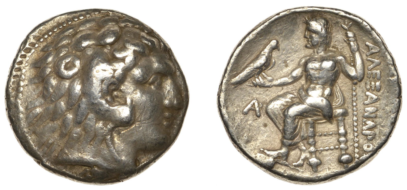Ancient Coins from Various Properties: Greek Coinages, KINGS OF MACEDON, Alexander the Great, posthumous Tetradrachm, Byblos, c. 330-320, head of Herakles right wearing lion-skin, rev. Zeus seated left, holding eagle and sceptre, ar monogr