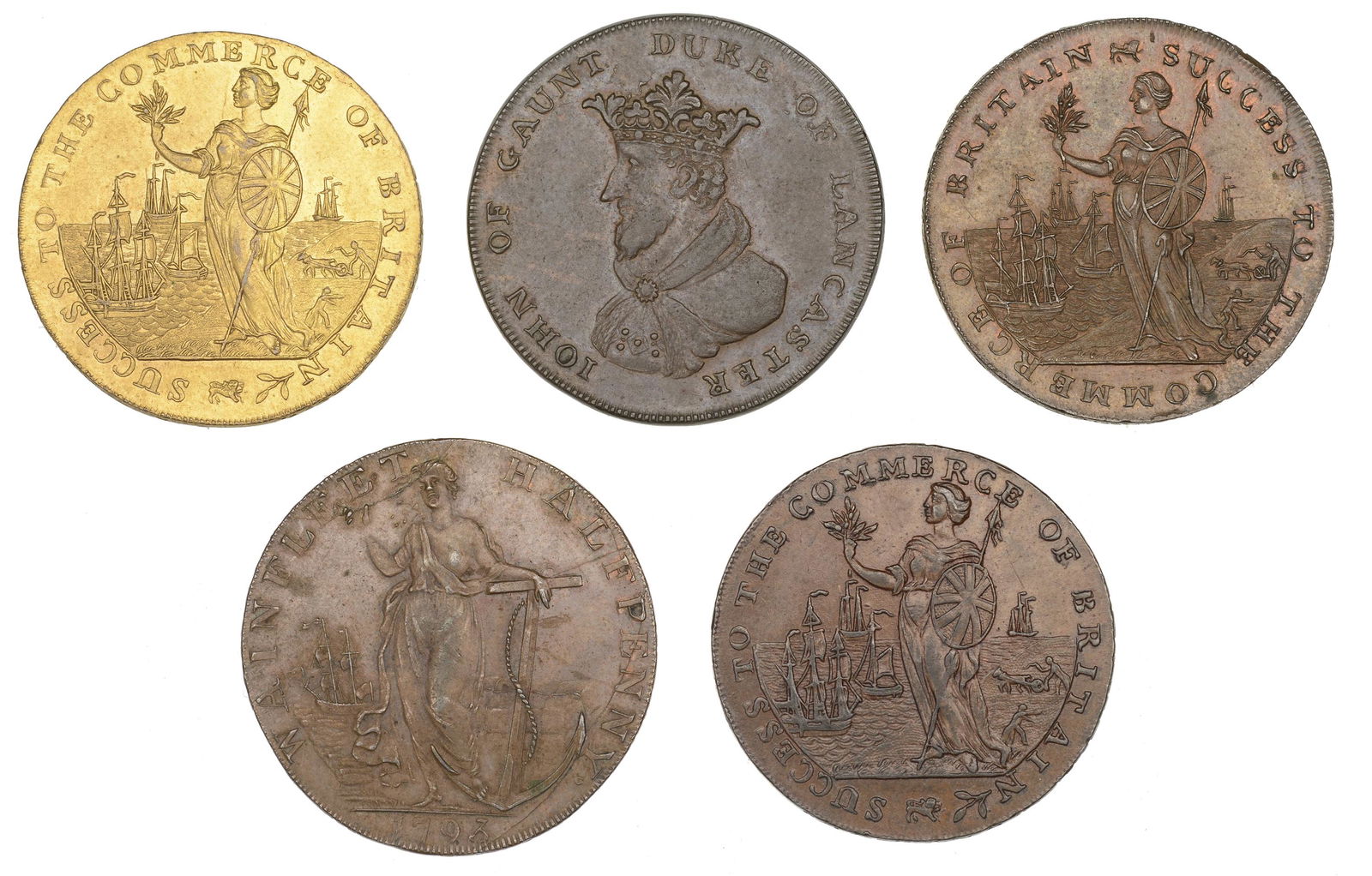 The Collection of 18th Century Tokens formed by Ken: LINCOLNSHIRE, Sleaford, Thomas Ball, Halfpenny, 9.85g/6h (DH 3b/DH Lancashire 137 bis); Spalding [and Holbeach], Thomas Jennings, Halfpence, 1794 (3), 10.50g/12h (DH 4), 9.89g/6h, 9.69g/6h (both DH 6)