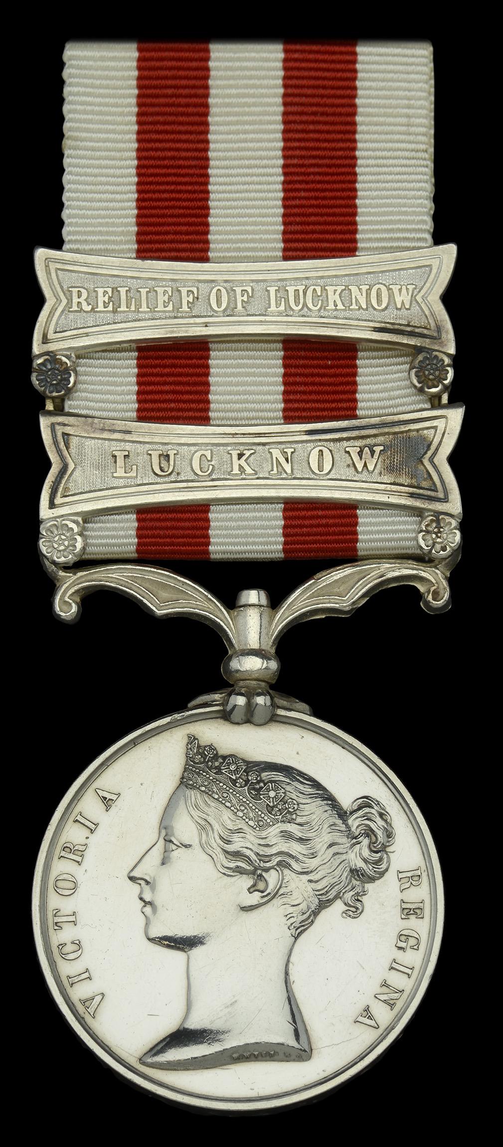 Single Campaign Medals: Indian Mutiny 1857-59, 2 clasps, Relief of Lucknow, Lucknow (John Williams, A.B. Shannon.) nearly extremely fine £1,400-£1,800---Provenance: Payne Collection 1911; Dix Noonan Webb, June 20