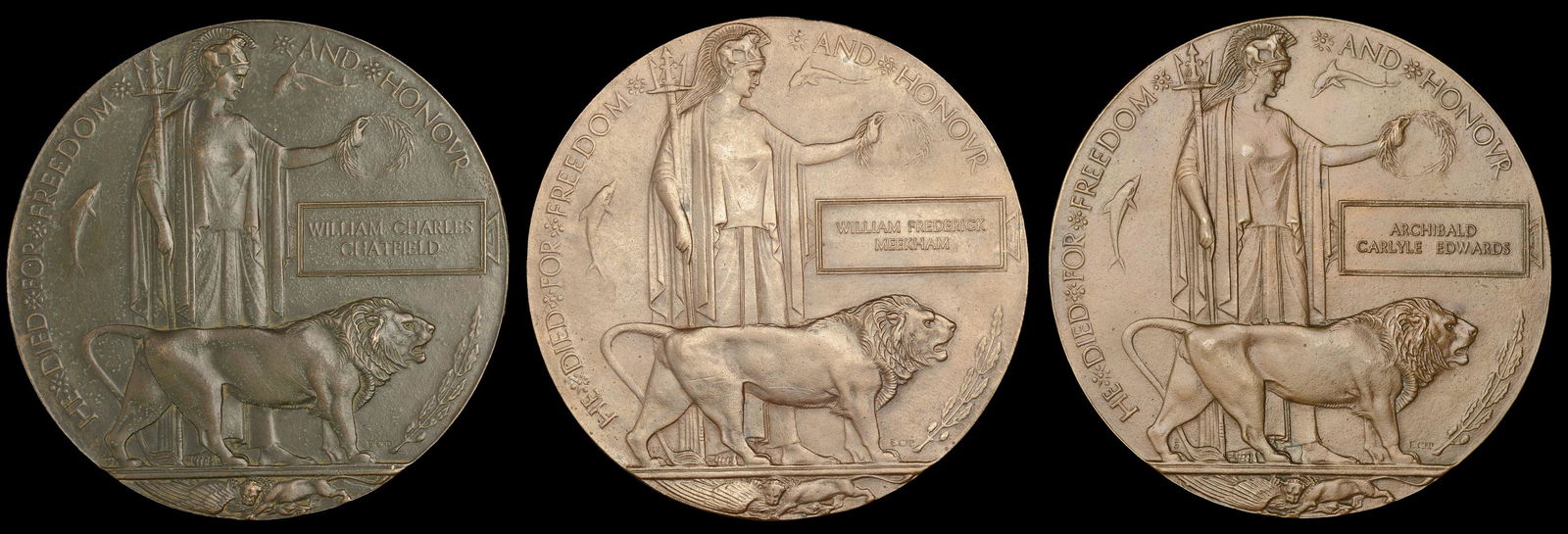 Miscellaneous: Memorial Plaque (3) (William Charles Chatfield; William Frederick Meekham; Archibald Carlyle Edwards) last in card envelope, some verdigris to reverse of first, otherwise generally very fine and bette