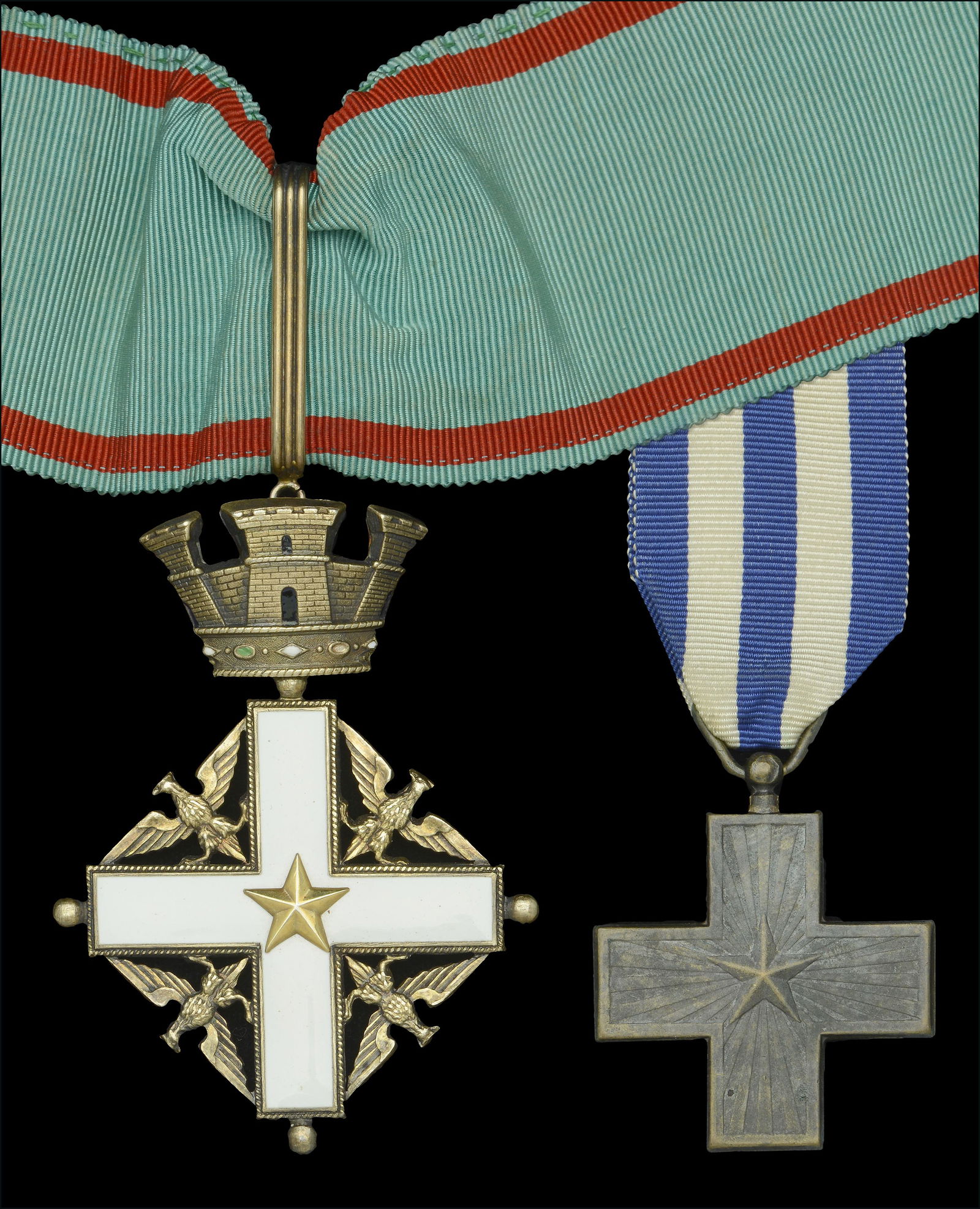 World Orders and Decorations: Italy, Republic, Order of Merit, Commander's neck badge, 73mm including tower suspension x 55mm, silver-gilt and enamel, unmarked, with neck riband and lapel rosette, in Arturo Pozzi, Rome, fitted cas