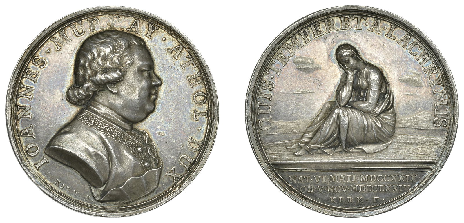 The Michael Gietzelt Collection of Coins, Tokens and Medals of the Isle of Man and the Channel: Isle of Man Medals, Death of John Murray, Duke of Atholl, 1774, a silver medal by J. Kirk, bust right, rev. female figure in mourning, 37mm, 18.37g (BHM 192; E 756; Quarmby 146). About extremely fine,