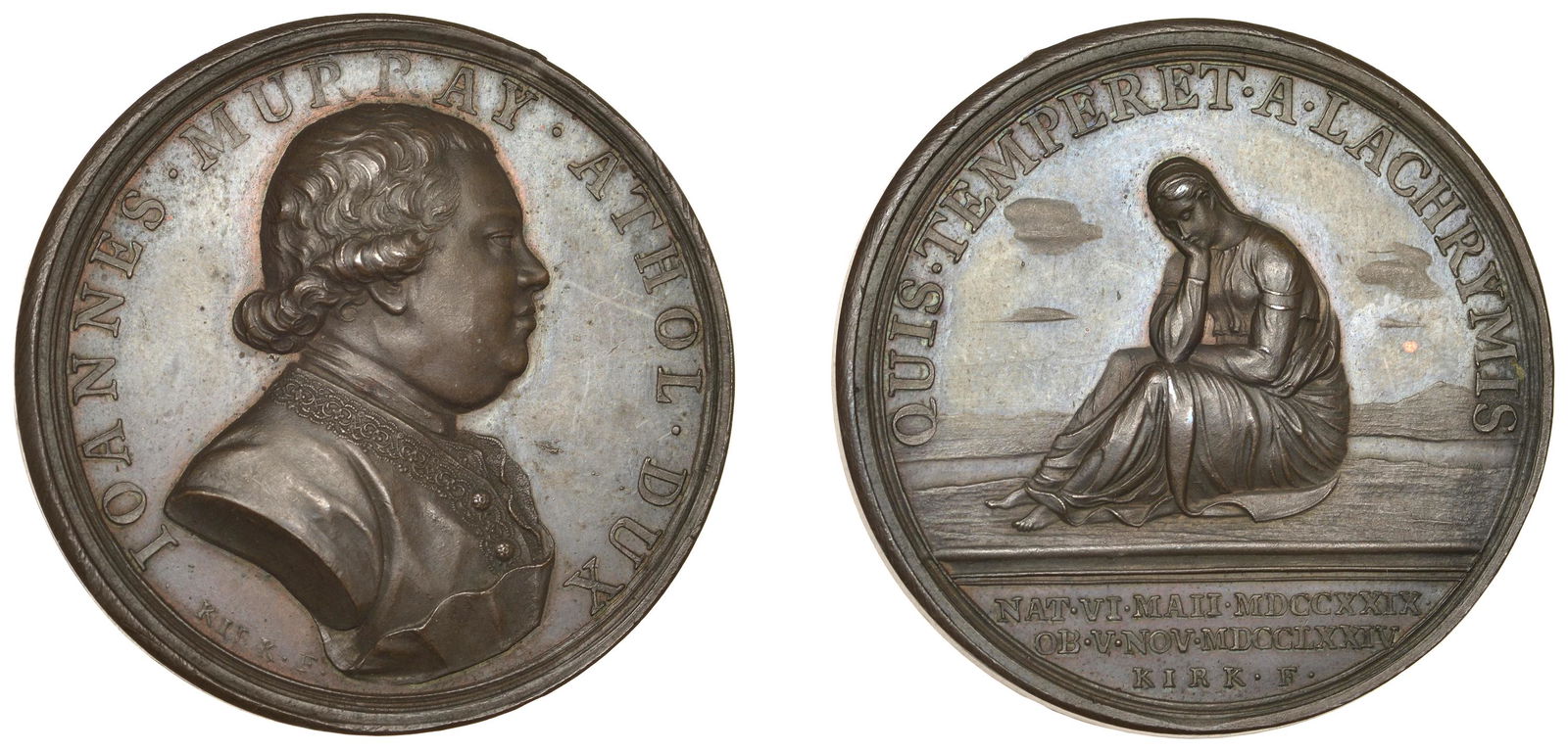 The Michael Gietzelt Collection of Coins, Tokens and Medals of the Isle of Man and the Channel: Isle of Man Medals, Death of John Murray, Duke of Atholl, 1774, a copper medal by J. Kirk, similar, 37mm (BHM 192; E 756; Quarmby 147). About extremely fine £100-£120---Provenance: R. Cain