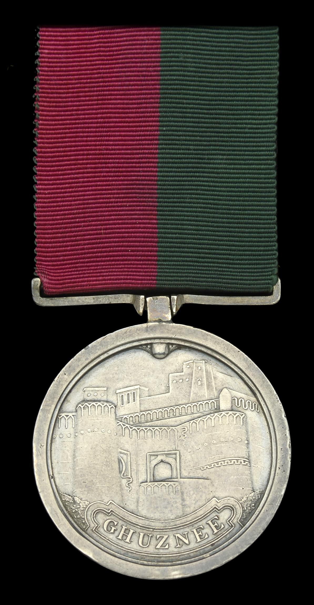 Single Campaign Medals: Ghuznee 1839 (Private George Sharp H.C. 1st European Regt.) naming engraved on reverse centre in fine running script, original suspension, minor edge bruises, otherwise good very fine £500-&poun