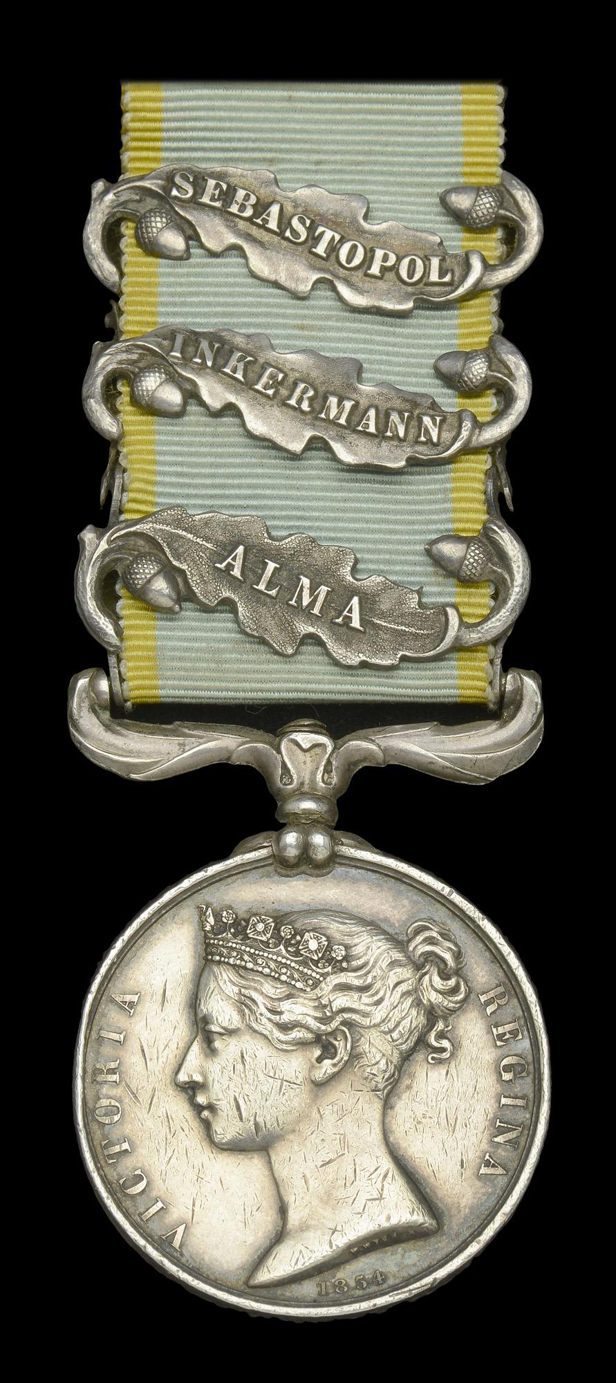Single Campaign Medals: Crimea 1854-56, 3 clasps, Alma, Inkermann, Sebastopol (Serjt. John Walker 1st Bn. 7th Regt.) rank engraved, otherwise officially impressed naming, first clasp a contemporary copy, contact marks, other