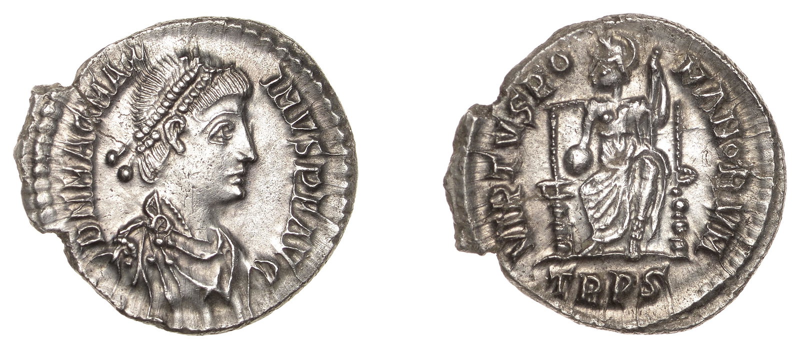 Magnus Maximus (383-388): Roman Imperial Coinage, Magnus Maximus (383-388), Siliqua, Trier, dn mag max-imvs p f avg, pearl-diademed, draped and cuirassed bust right, rev. virtvs ro-manorvm, Roma enthroned, holding globe and sp