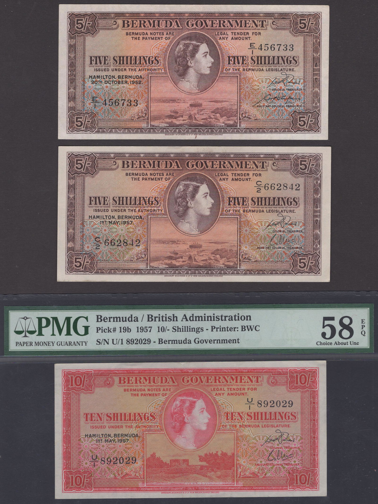World Banknotes: Bermuda Government, 5 Shillings, 20 October 1952, serial number C/2 662842, 5 Shillings, 1 May 1957, serial number E/1 456733, 10 Shillings, 1 May 1957, serial number U/1 892029, the 5 Shillings extre