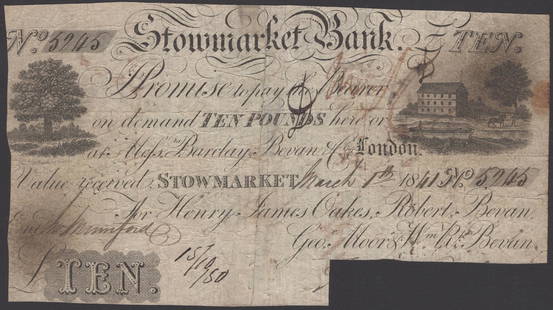 The Ivor Bridges Collection of Provincial Banknotes - Part One: Stowmarket Bank, for Henry James Oakes, Robert Bevan, Geoe Moor & Wm R. Bevan, £10, 1 March 1841, serial number 5245, signature cut-cancelled, split and rejoined, very good and quite rareOuting