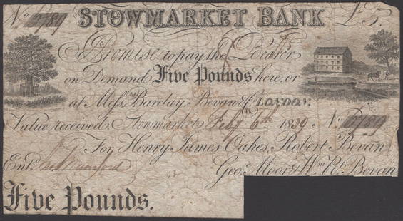 British Banknotes: Stowmarket Bank, for Henry James Oakes, Robert Bevan, Geoe Moor & Wm R. Bevan, cancelled £5, 6 February 1839, serial number 6789, signature cut cancelled, very goodOuting 2076b £100-£