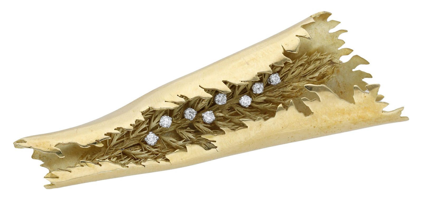 Jewellery: An 18ct gold and diamond brooch/pendant by Andrew Grima, 1967, the cast grass seed head with diamond highlights, contained within a tapered sheath with serrated edges, the reverse signed 'GRIMA', with