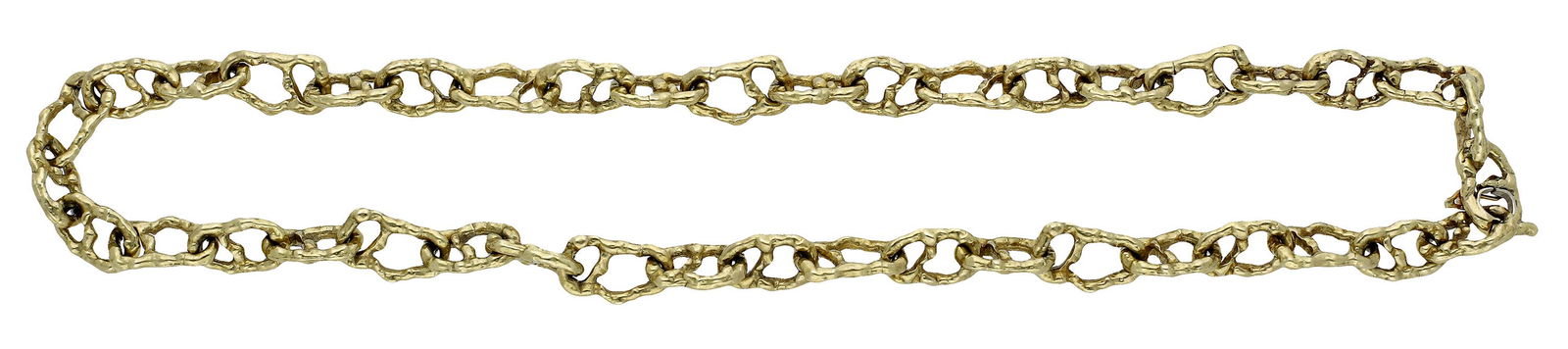 Jewellery: An 18ct gold necklace attributed to Andrew Grima, circa 1980, designed as a continuous series of abstract anchor links, two links with partial London hallmarks, unsigned, leather maker's pouch (gilt r