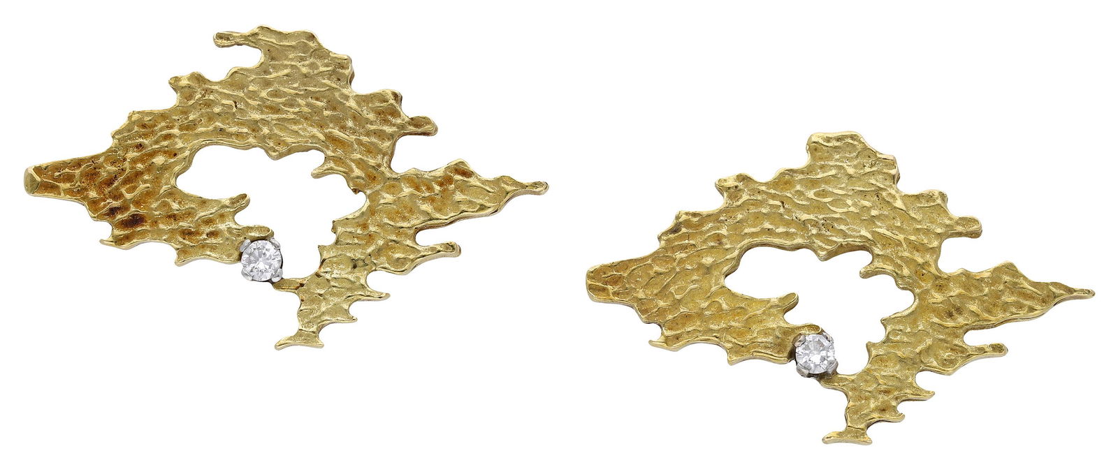 Jewellery: A pair of 18ct gold and diamond earrings by Andrew Grima, 1984, each textured panel of abstract jagged design, set with a brilliant-cut diamond highlight and mounted in 18ct gold, London hallmark, mak