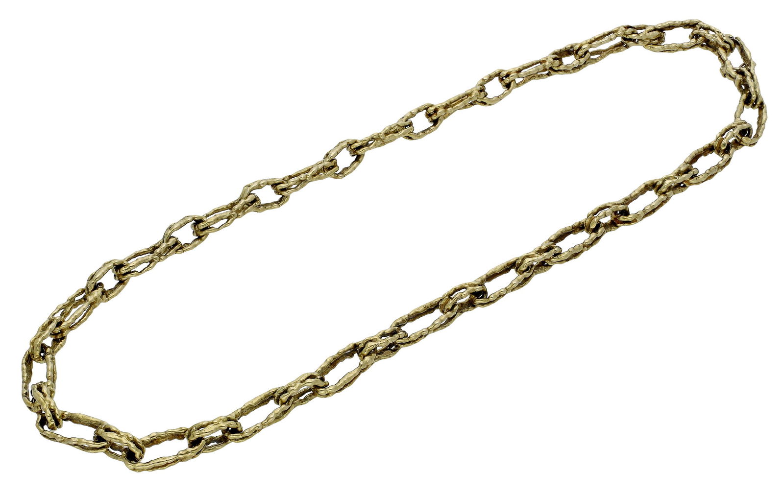 Jewellery: An 18ct gold necklace by Andrew Grima, 1984, designed as a series of abstract textured double belcher links, London hallmark, maker's mark 'AGLtd', and with further partial hallmark, leather maker's p