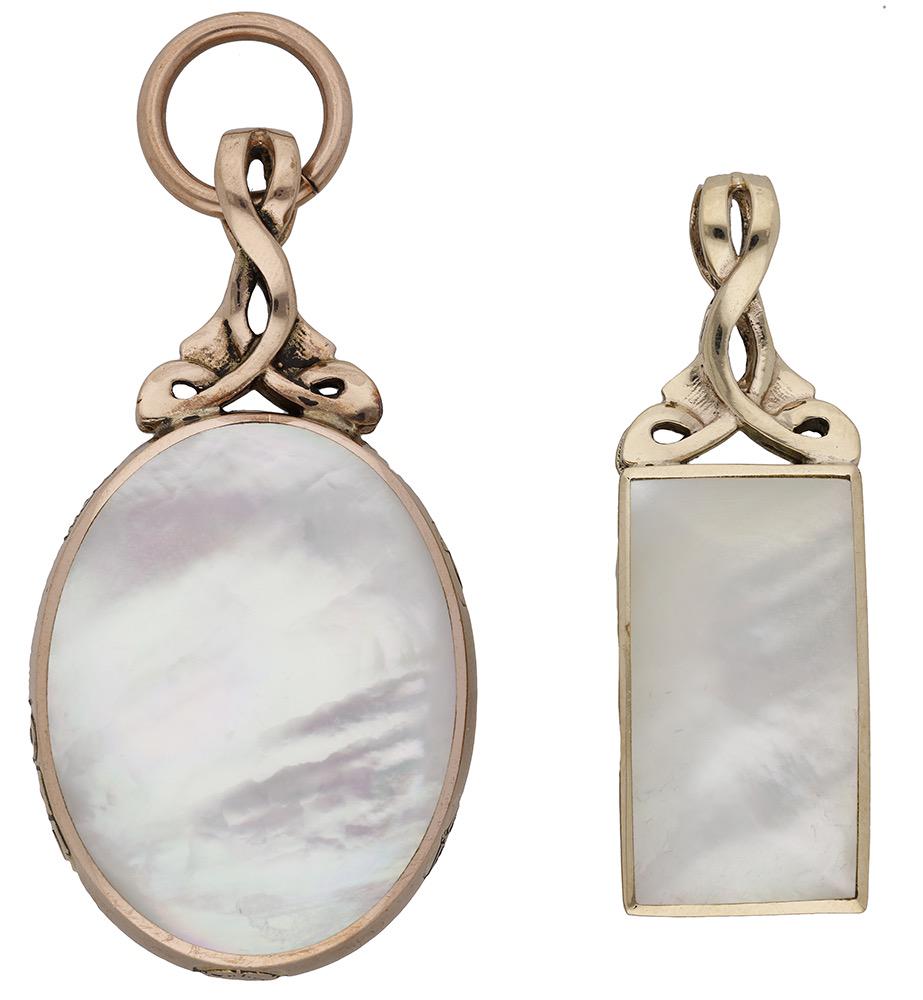 Jewellery: Two 9ct gold Blue John and mother-of-pearl double-sided pendants, by David Scott-Walker, the pendants each mounted to a 9ct gold collet with scrolling surmounts, with maker's mark and Sheffield hallma