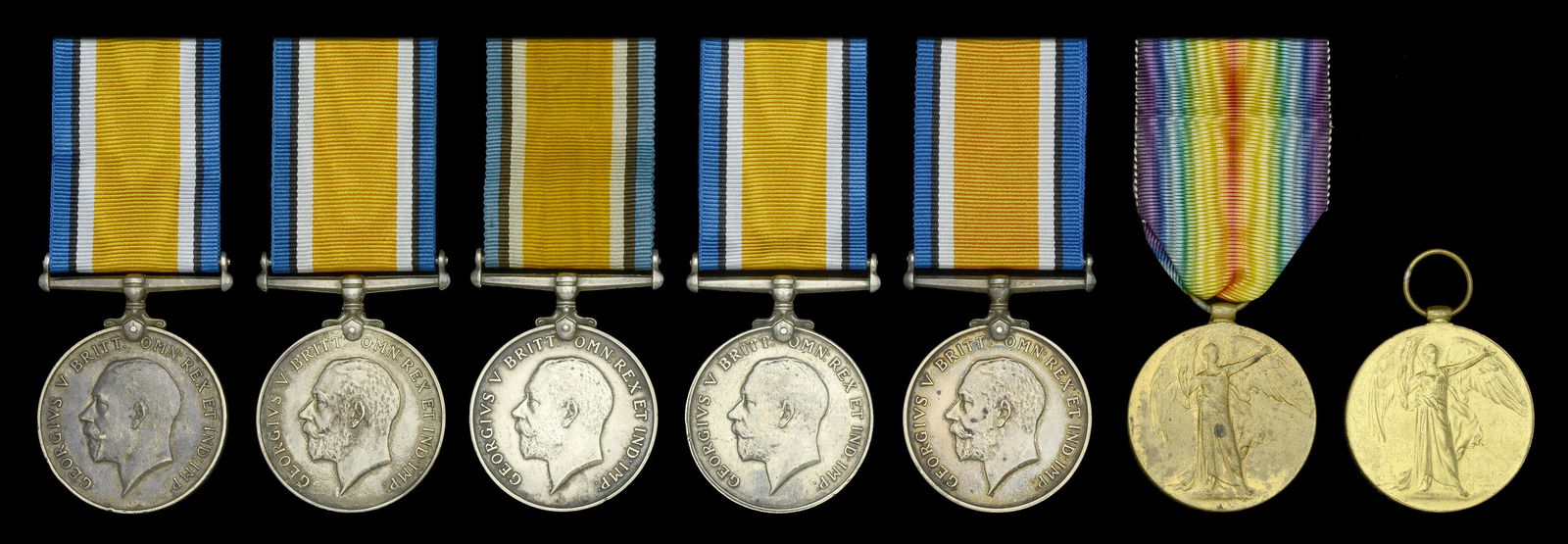 Single Campaign Medals: British War Medal 1914-20 (5) (235705 Gnr. A. M. Beckett. R.A.; 605483 Gnr. C. McEntee. R.A.; 198184 Dvr. W. U. Silvey. R.A.; 83468 A. Bmbr. F. C. Rafe. R.A.; 154803 Gnr. E. Woodham. R.A.); Victory Me