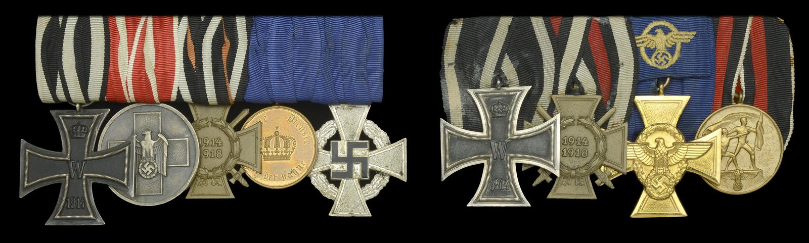 A Collection of German Medals and Badges: Two German Great War Iron Cross Groups.A group of five comprising the 1914 Iron Cross Second Class, the Prussian 12 year Long Service Medal, the Third Reich Social Welfare Medal, the Third Reich award