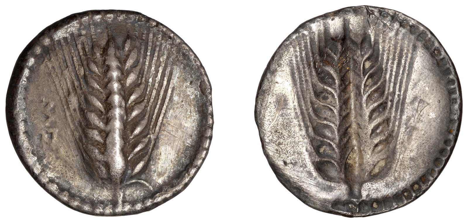 Greek Coins from the Sir Gerard Clauson Collection: Greek Coinages, Southern Lucania, Metapontion, Nomos, c. 540-510, thin incuse (class i), me, ear of barley with eight grains, rev. similar but incuse, 7.65g/1h (HN Italy 1459; Noe 1ff; Pozzi 462; McCl