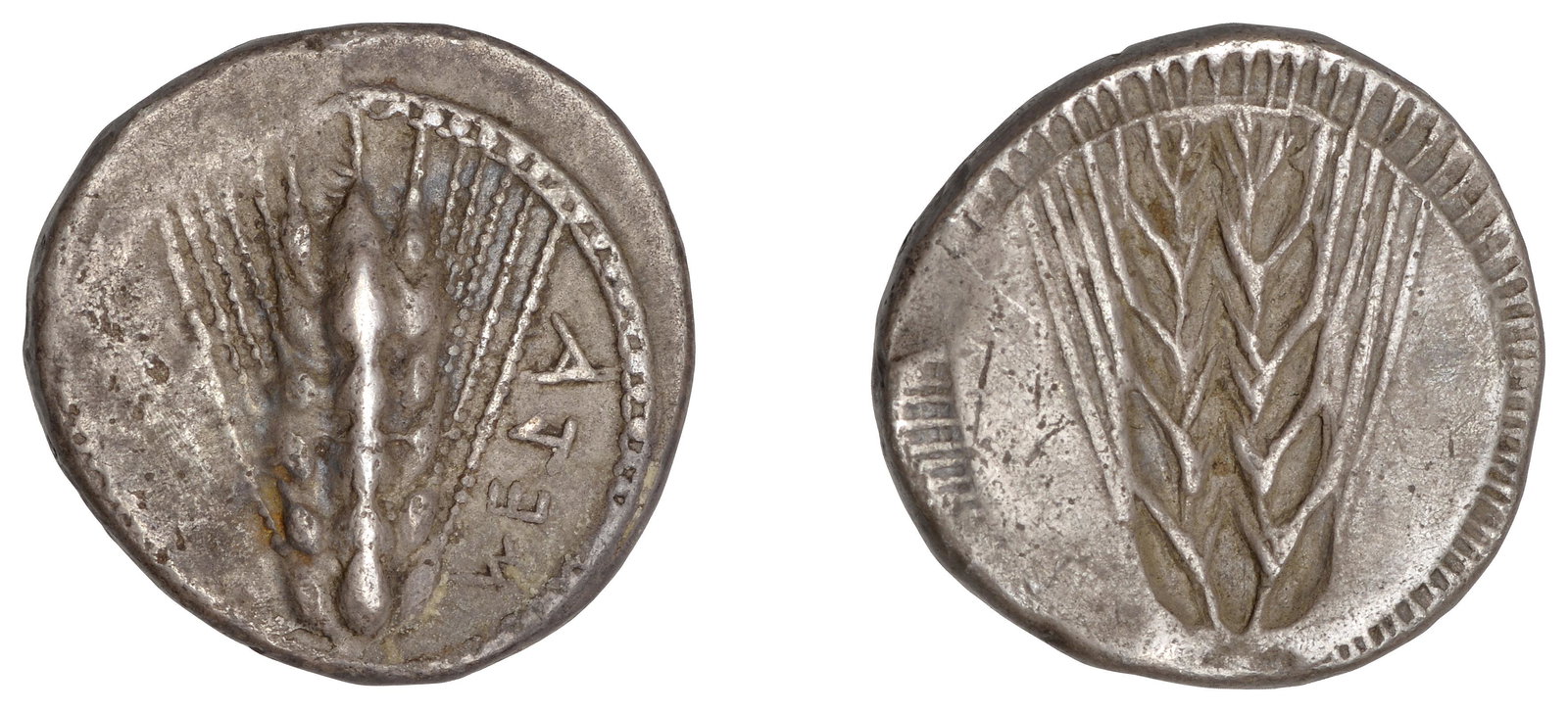 Greek Coins from the Sir Gerard Clauson Collection: Greek Coinages, Southern Lucania, Metapontion, Nomos, c. 470-440, dumpy incuse (class xi), meta, ear of barley with six grains, rev. similar but incuse, 8.00g/6h (HN Italy 1484; Noe 236; cf. Pozzi 467
