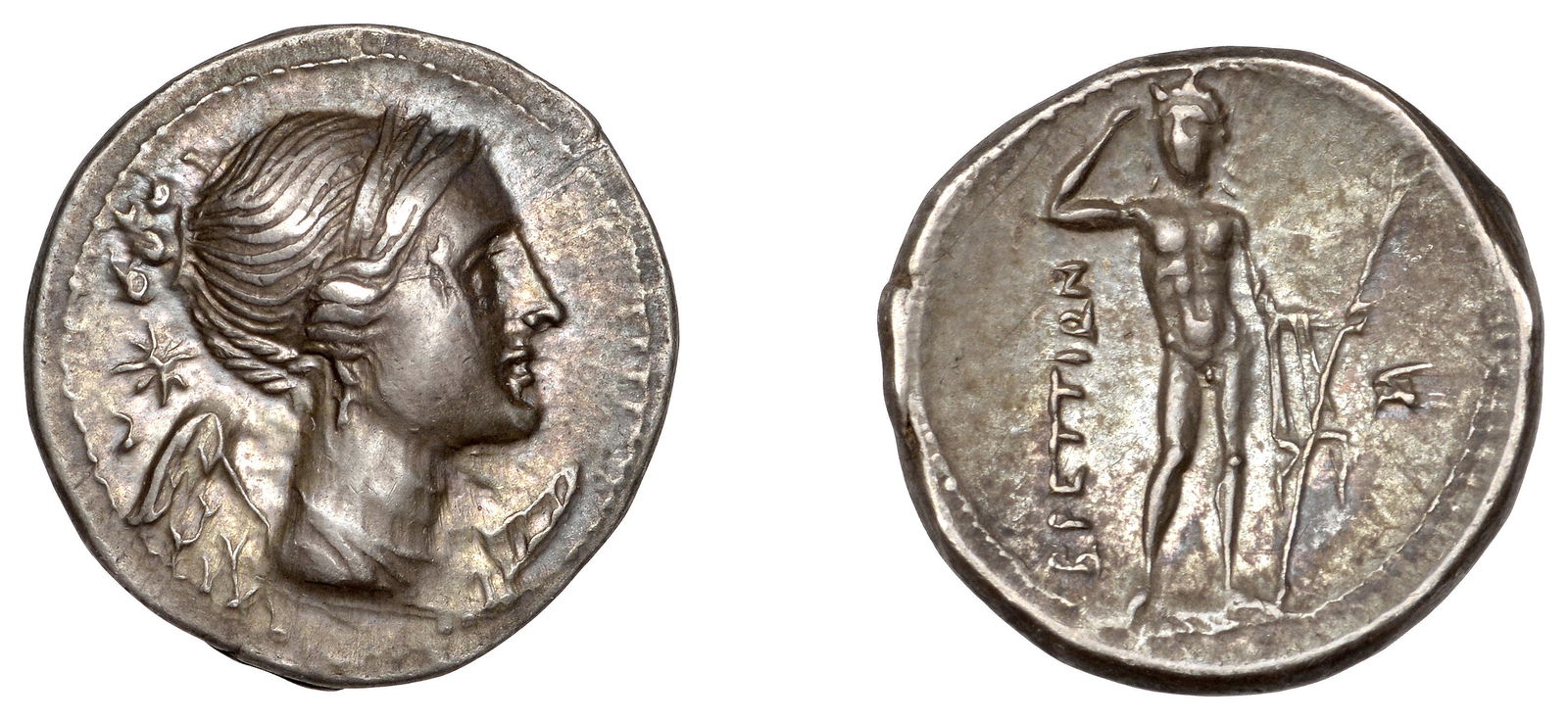 Greek Coins from the Sir Gerard Clauson Collection: Greek Coinages, Bruttium, The Brettii, Drachm, c. 218-201, winged bust of Nike right, rev. river god standing front, holding sceptre and crowning himself, 4.74g (HN Italy 1963; Pozzi 691; cf. McClean