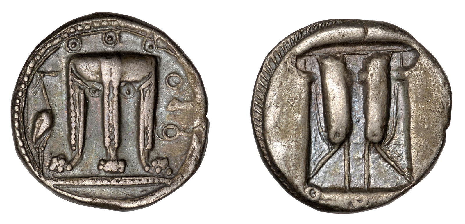 Greek Coins from the Sir Gerard Clauson Collection: Greek Coinages, Bruttium, Kroton, Nomos, 480-430, tripod with lion's feet, heron to left, qpo to right, rev. incuse tripod, 7.88g (HN Italy 2102; Pozzi 735; cf. McClean 1652; SNG ANS 259-60; cf. SNG L
