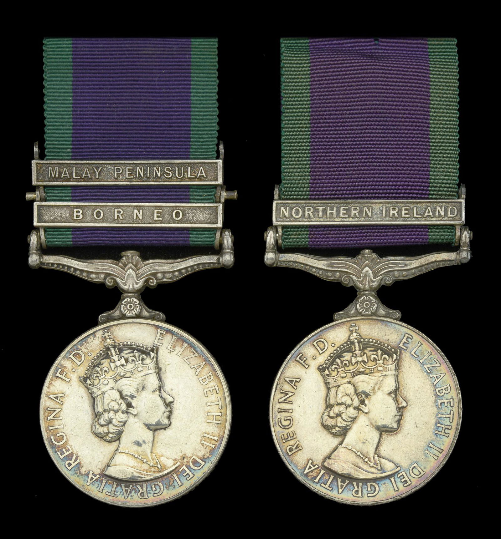 Single Campaign Medals: General Service 1962-2007 (2), 1 clasp, Northern Ireland (24221499 Pte. C. Main Staffords); 2 clasps, Borneo, Malay Peninsula, unofficial retaining rod between clasps (24011588 Gnr. R. J. Summers. R.A