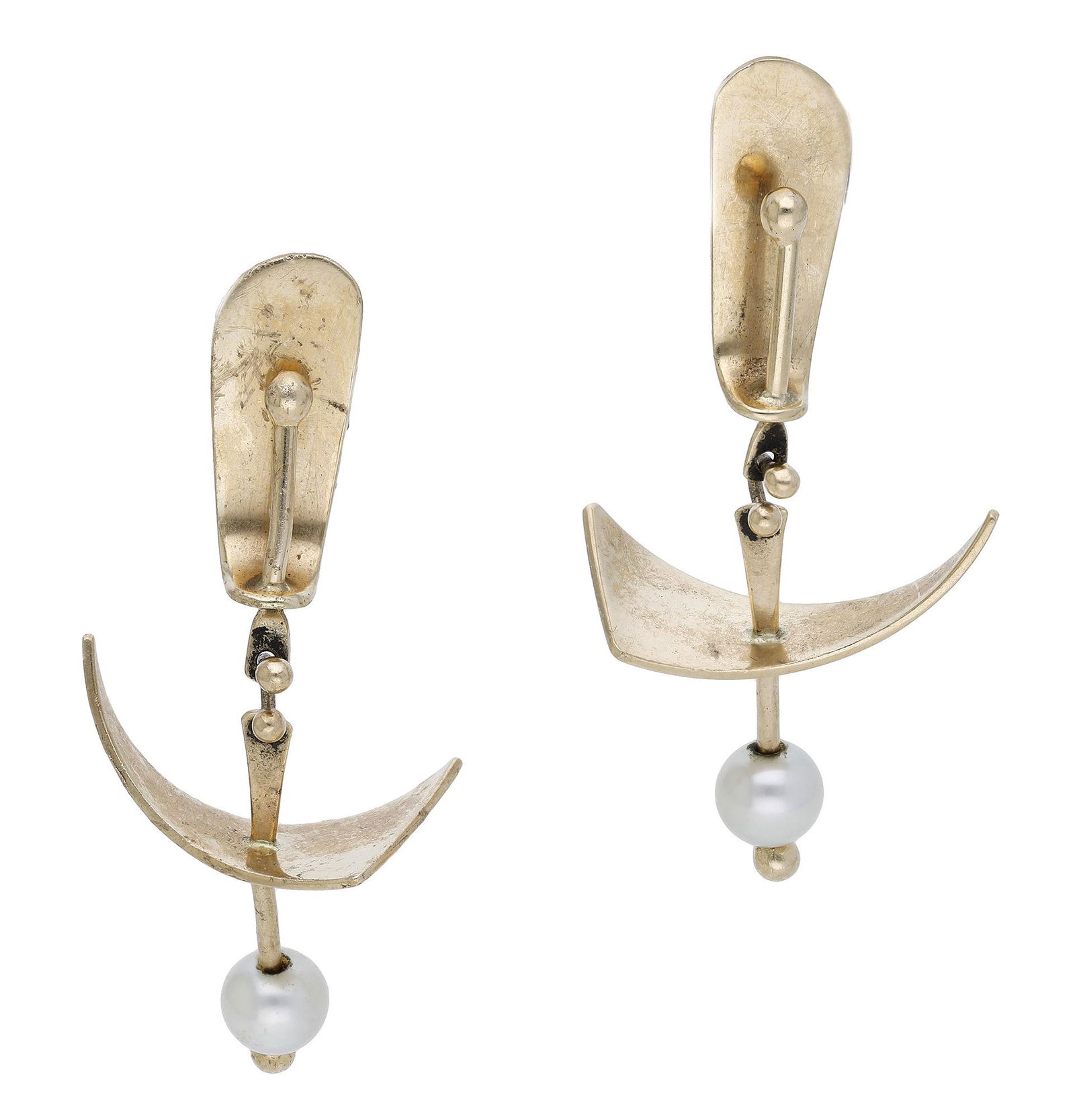 Jewellery: A pair of cultured pearl set ear pendants by Ed Wiener, of abstract form, suspending crescent-shaped pendant drop with cultured pearl highlight, stamped '14k' and signed 'ED. WIENER' to the reverse of