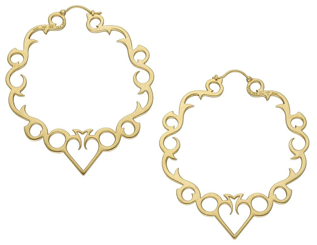 Jewellery: A pair of 18ct gold hoop earrings by Stephen Webster, the hoops formed as a series of interlocking scrolls leading to an openwork heart, maker's mark, London hallmark, numbered '24175', length 5.5cm.
