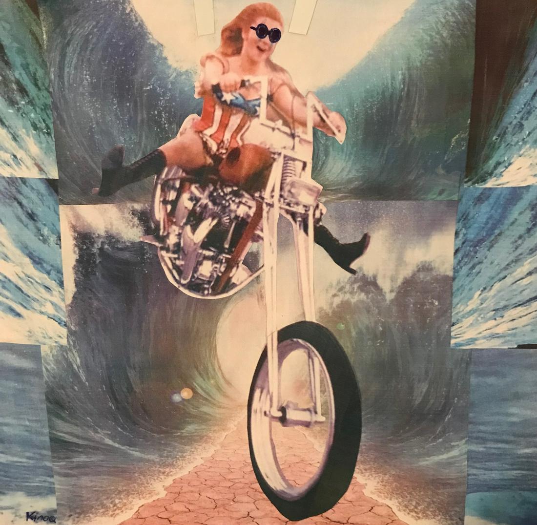 Chopper collage by Kinoq: Kinoq, 2018 8.5” x 9”, mixed paper kinoq is a collagist who uses mixed media to examine the various challenges of the present, mainly the past battling to be documented and the future battling to