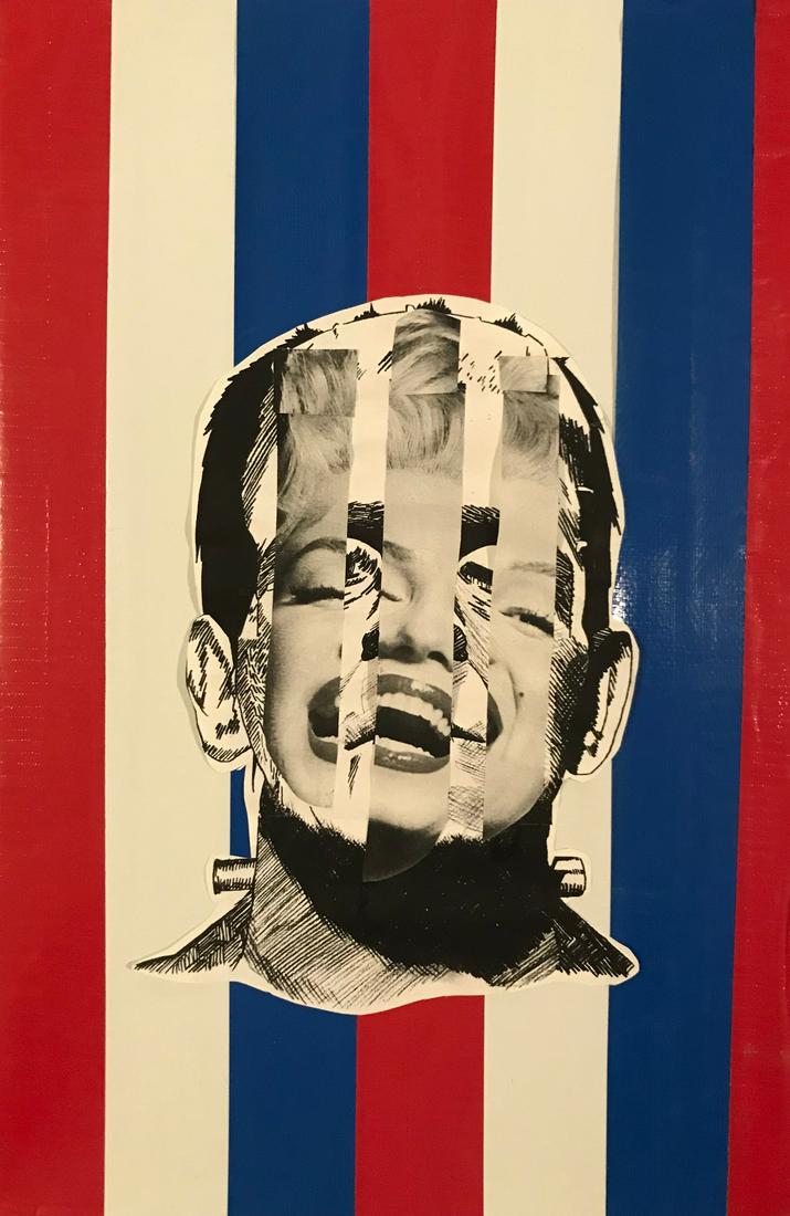 All American Couple collage by Kinoq: Kinoq, 2017 18” x 12”, mixed paper, tape kinoq is a collagist who uses mixed media to examine the various challenges of the present, mainly the past battling to be documented and the future battli